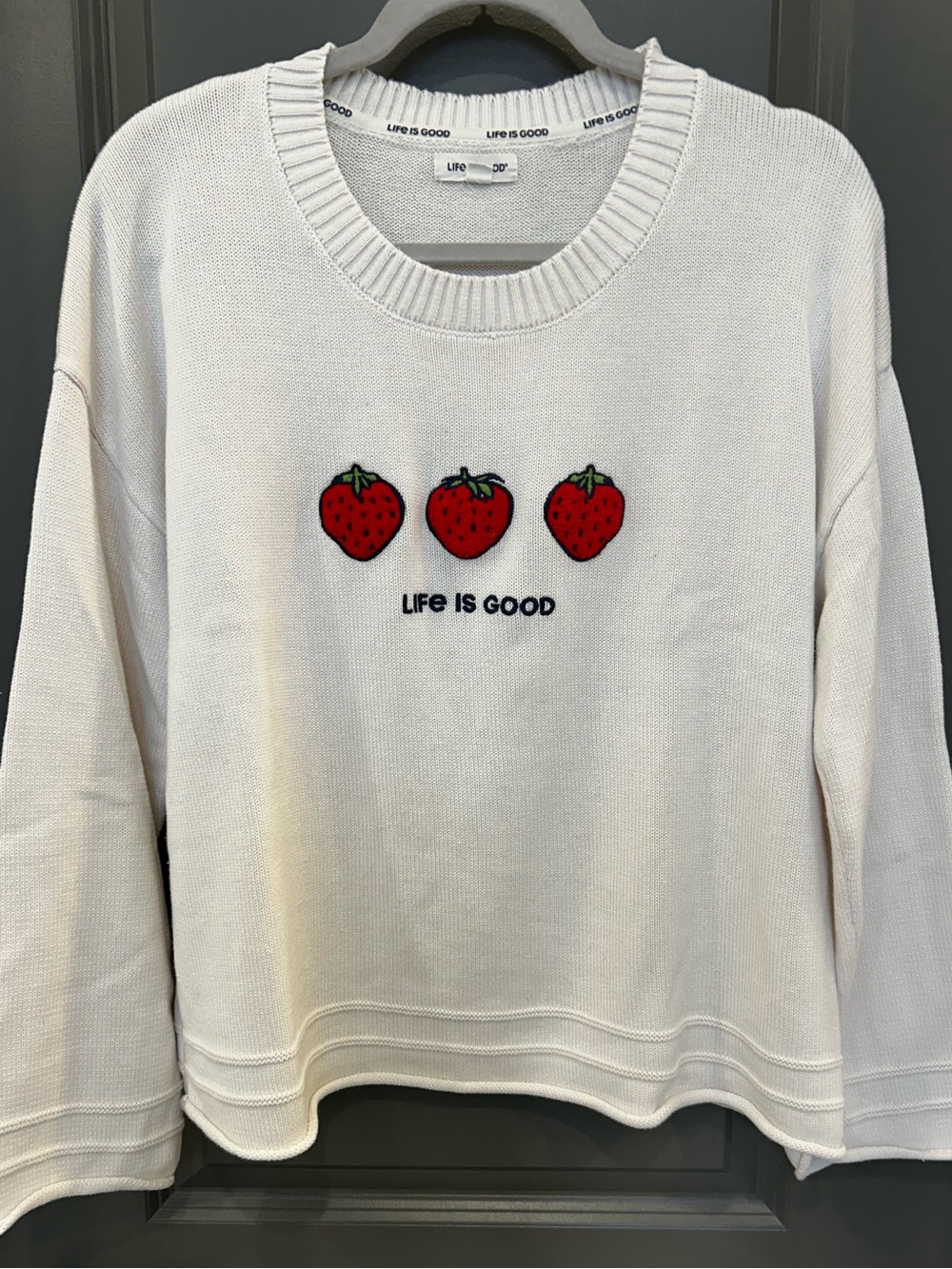 Life Is Good White Crewneck Sweater with Red Strawberry Motif